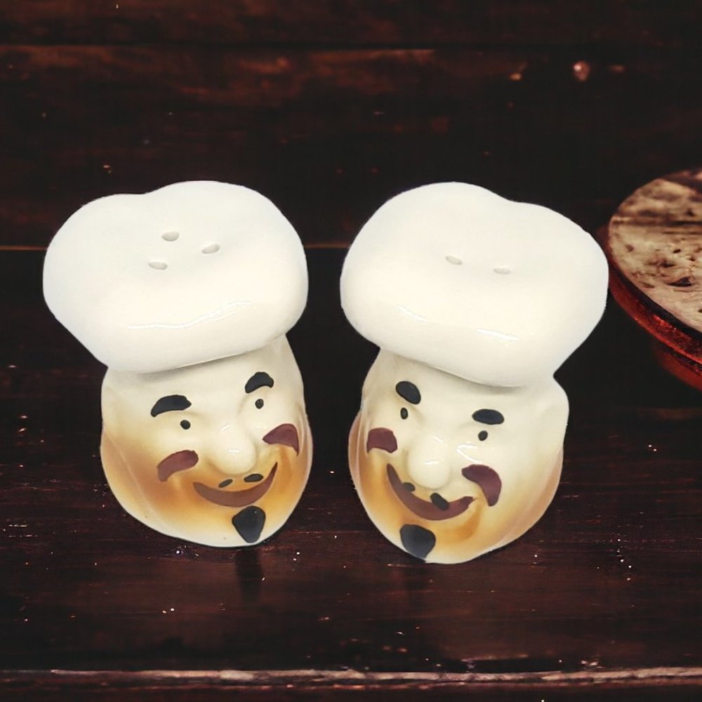 French Chef Head Salt & Pepper Shakers - Ceramic - Hand Painted